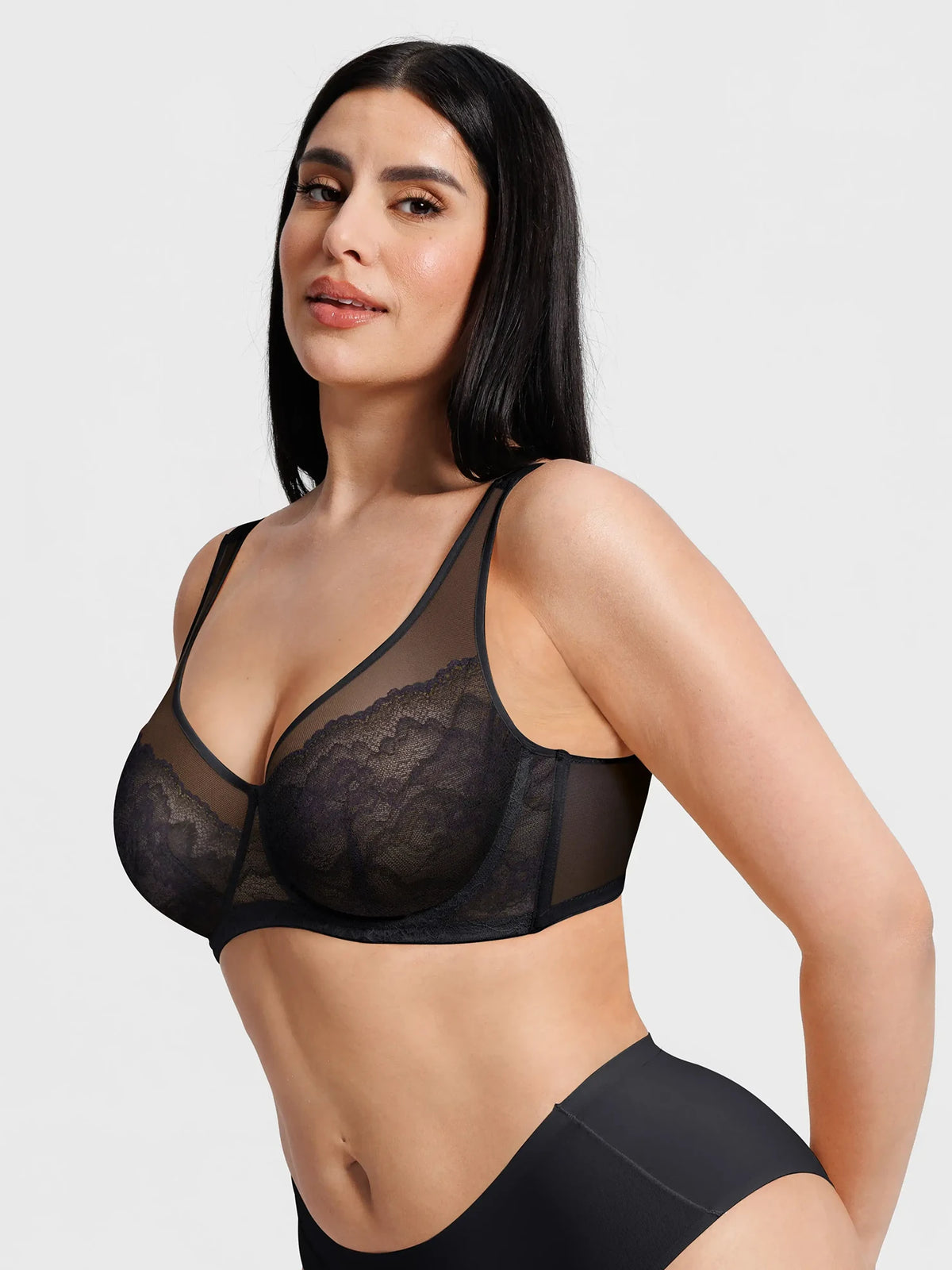 Feelingirl Lace Underwire Minimizer Bra – Unlined sheer cups, side smoothing, and breathable mesh for a naturally slimmer look.