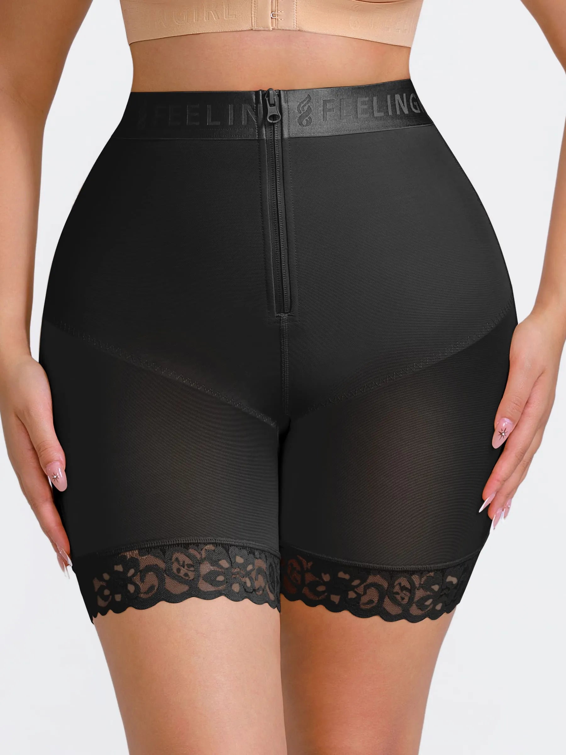 Pantalones cortos moldeadores de cintura media con cremallera frontal Feelingirl