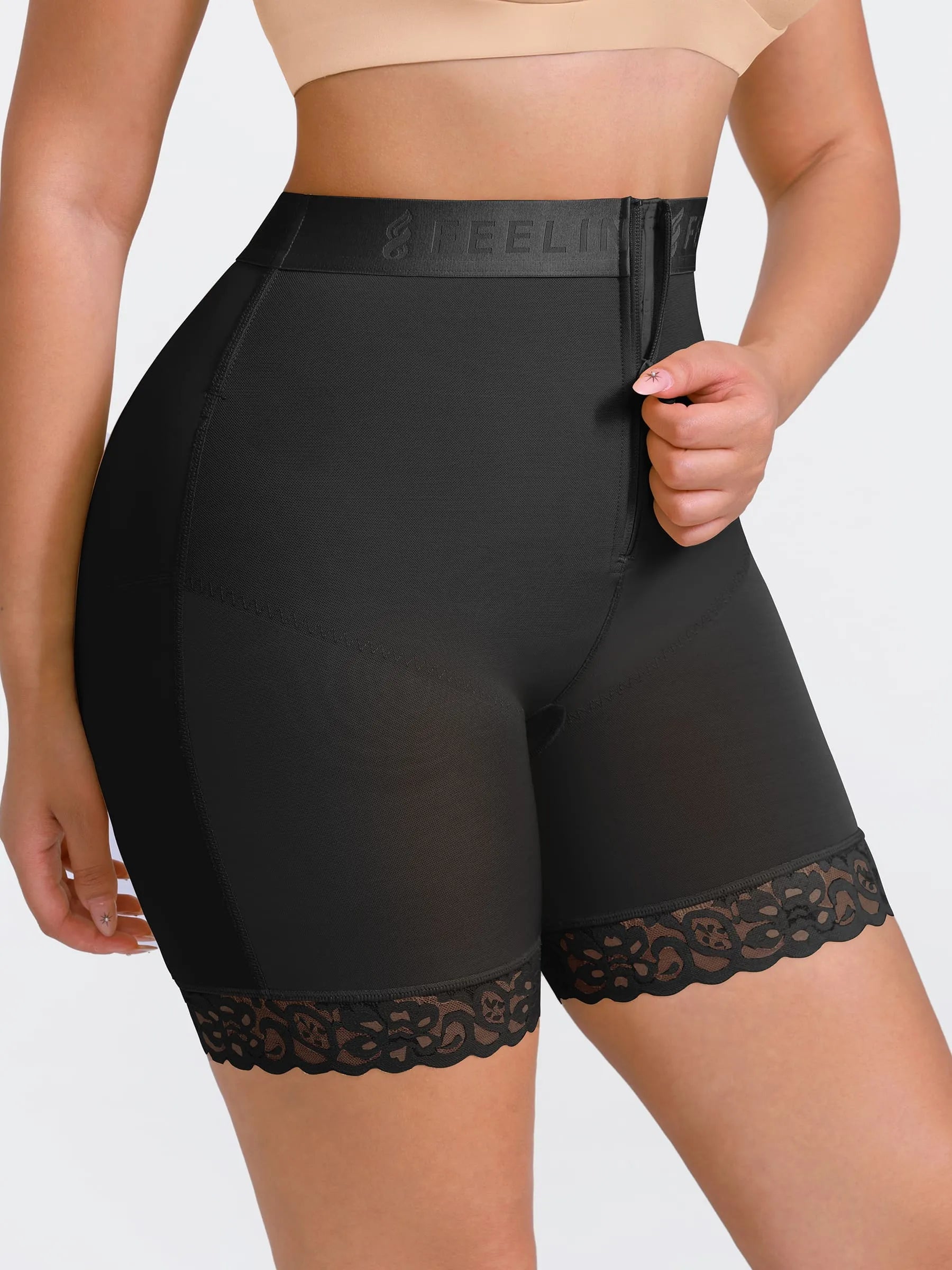Pantalones cortos moldeadores de cintura media con cremallera frontal Feelingirl