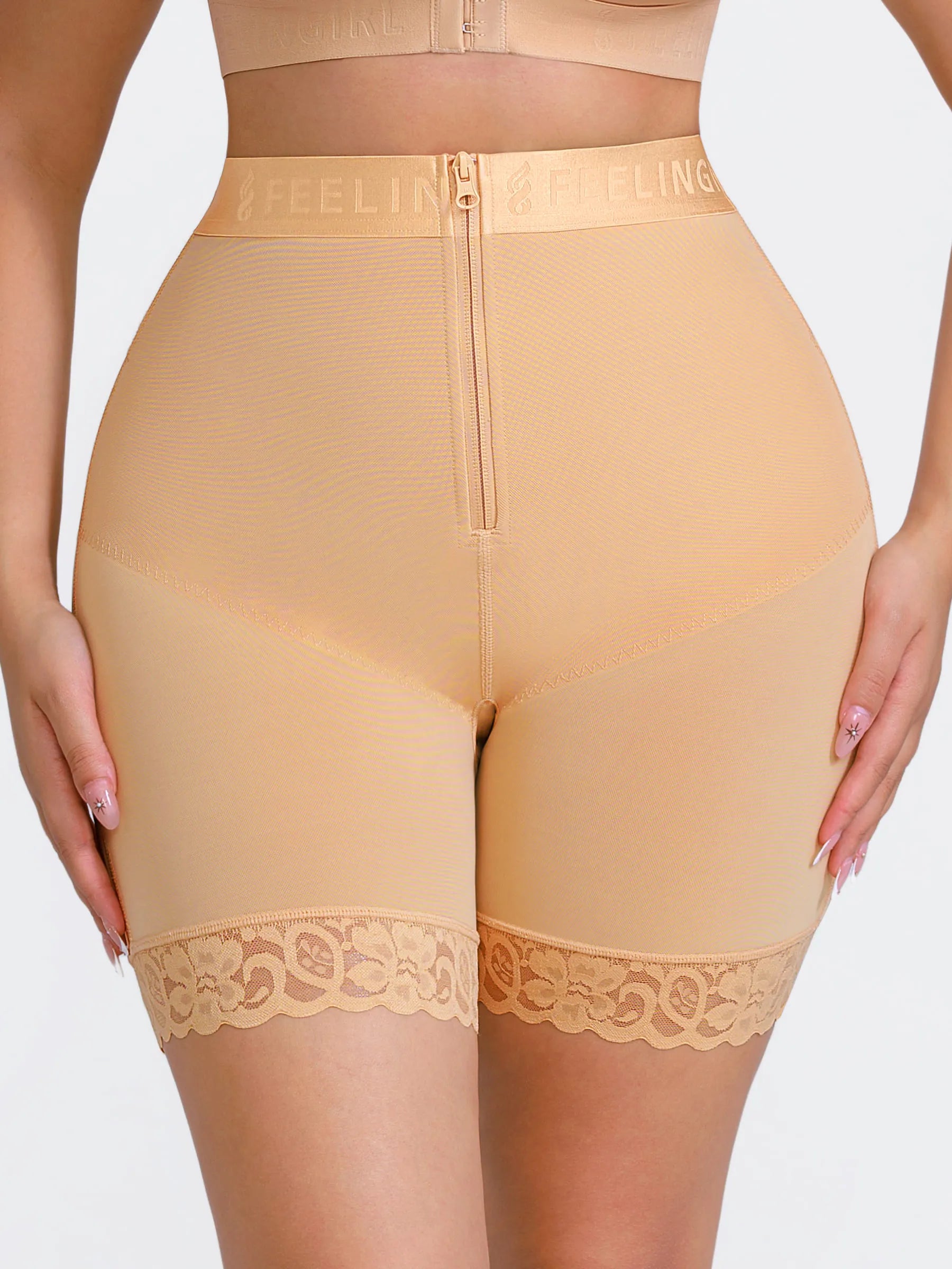 Pantalones cortos moldeadores de cintura media con cremallera frontal Feelingirl