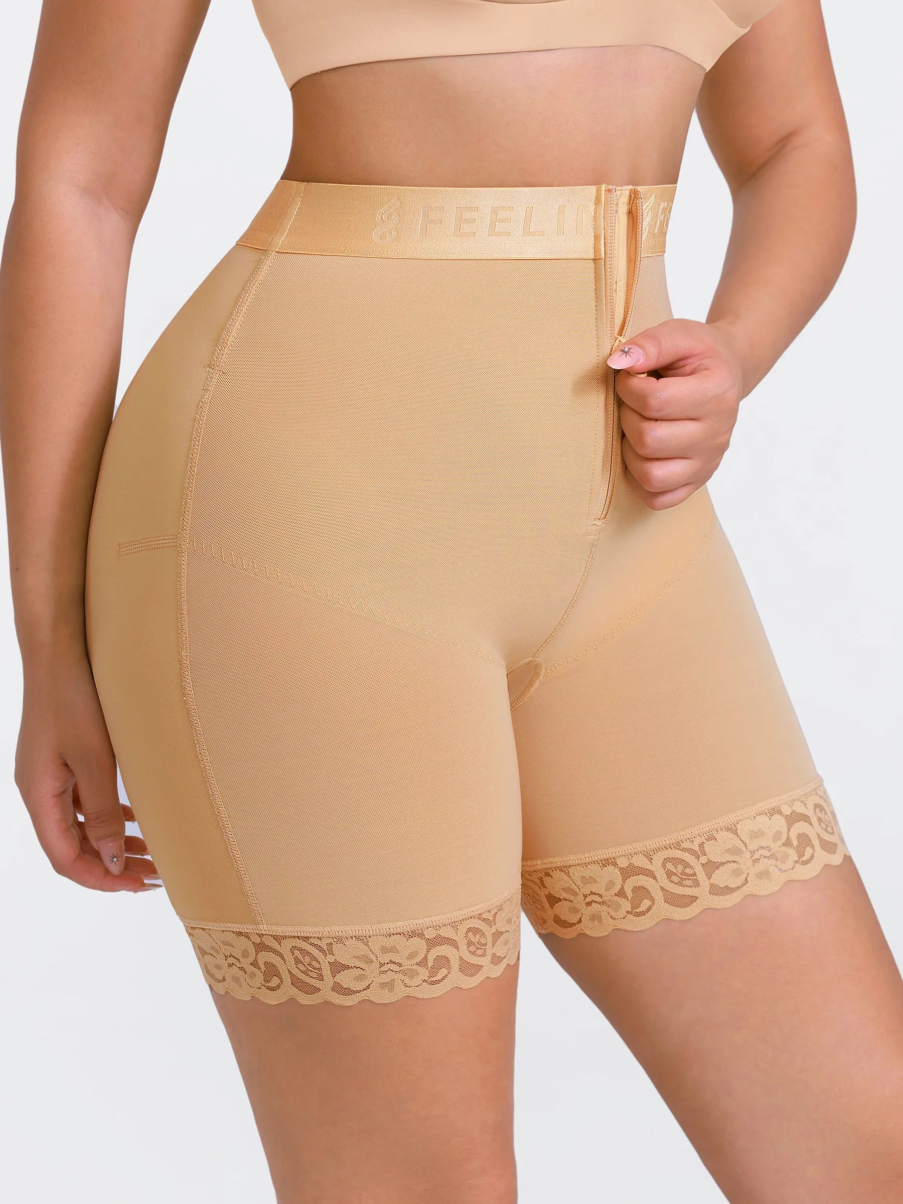 Pantalones cortos moldeadores de cintura media con cremallera frontal Feelingirl