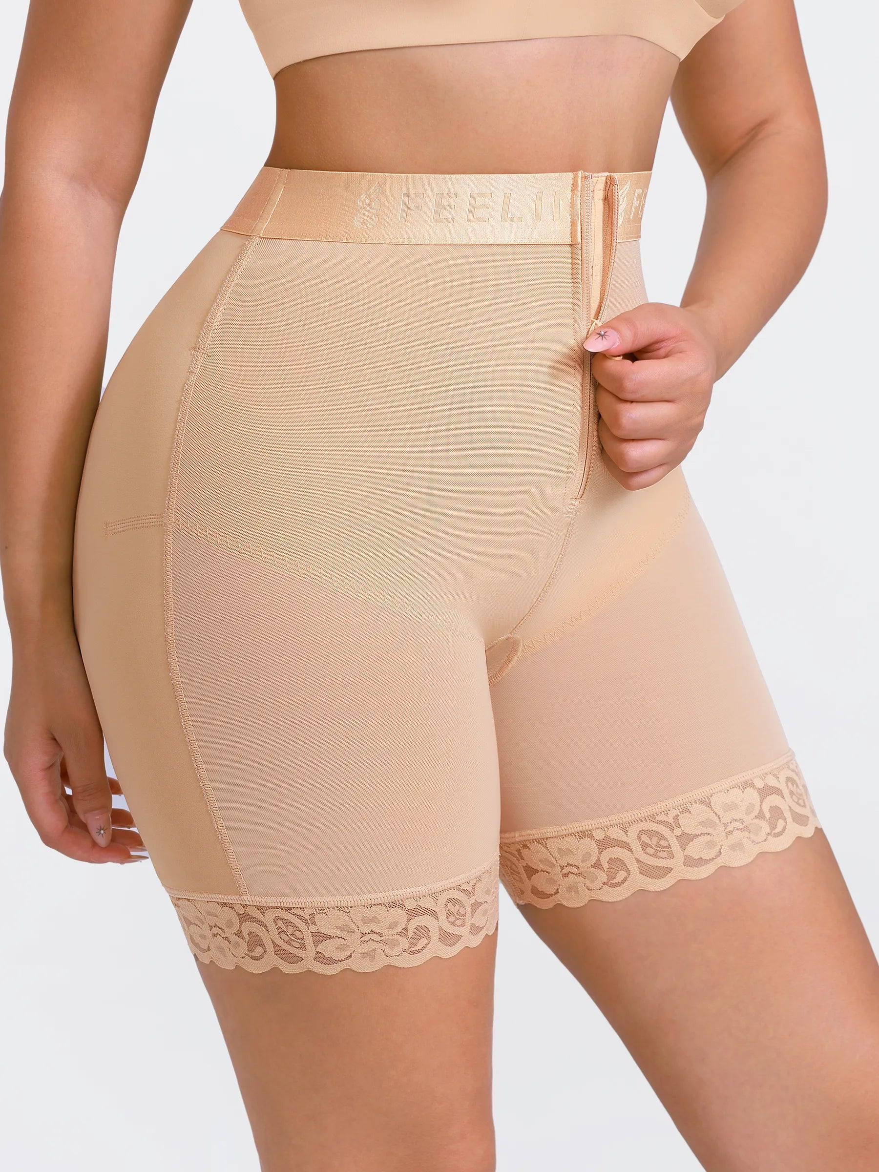 Pantalones cortos moldeadores de cintura media con cremallera frontal Feelingirl