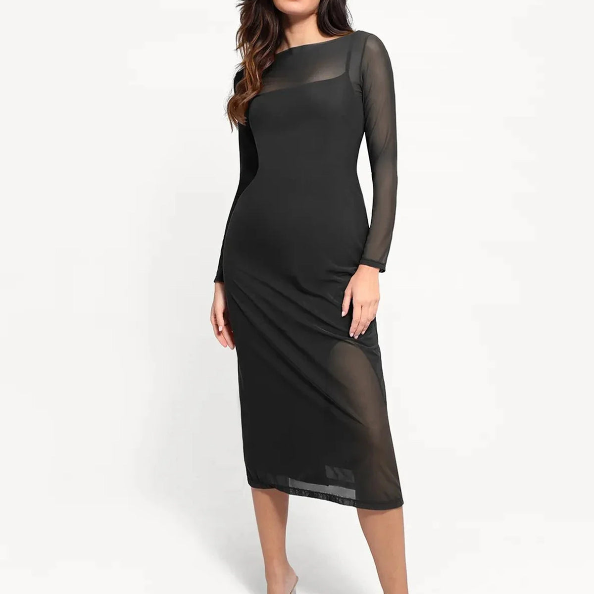 Popilush Modal Shapewear Dress & Sheer Mesh Cover-Up Set, Sculpting & Soft, Ideal for Date Nights, Formal Events & Casual Wear, Black, M